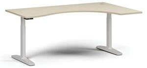 Výškovo nastaviteľný stôl, elektrický, 675-1325 mm, ergonomický pravý, doska 1800x1200 mm, biela podnož, breza
