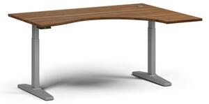 Výškovo nastaviteľný stôl, elektrický, 675-1325 mm, ergonomický pravý, doska 1600x1200 mm, sivá podnož, orech