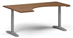 Výškovo nastaviteľný stôl, elektrický, 675-1325 mm, ergonomický ľavý, doska 1800x1200 mm, sivá podnož, orech