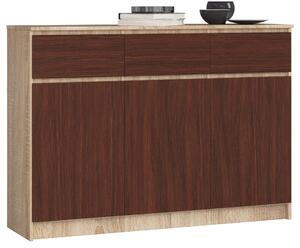 Ak furniture Komoda Karolína 140 cm 3 skrinky a 3 zásuvky / dub sonoma/wenge