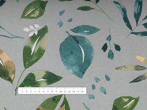 Bavlnená látka/plátno Sandra SA-430 Modro-zelené listy na sivom - šírka 160 cm
