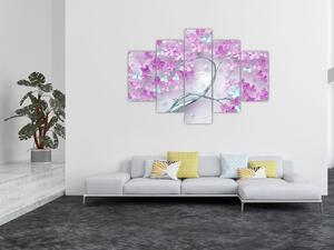 Obraz kvetov na striebornom kmeni - abstrakt (150x105 cm)