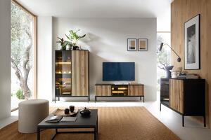 TV skrinka Bogalo s frézovaným frontom i oswietleniem LED - Čierny / Dub wotan