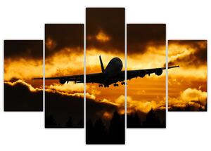 Pristávajúce lietadlo pri západe slnka - obraz (Obraz 150x105cm)