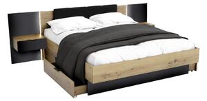Manželská posteľ DOTA + rošt + matrac MORAVIA + doska s nočnými stolíkmi, 160x200, dub artisan/čierna