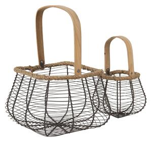 2ks drôtených košíkov s dreveným uchom - 23*16*16 / 13*10*12 cm - Clayre & Eef