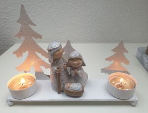 Biely kovový svietnik na čajové sviečky so svätou rodinou - 20 * 5 * 14cm