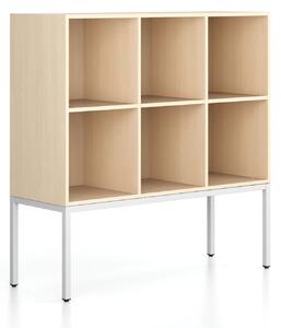 Regál FRAME, nízky, s bielou podnožou, 1299 x 450 x 1331 mm, breza