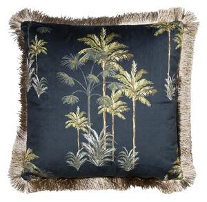 Čierny zamatový vankúš s palmami a třásňovitým lemom - 45 * 45 * 10cm