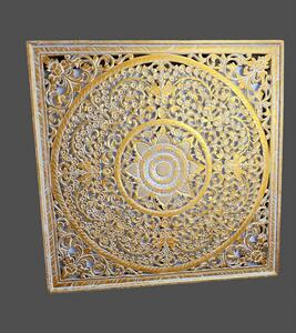 Mandala zlatá - 110x110cm, ručná drevorezba, exotické drevo (dekorácia bytová zlatá)