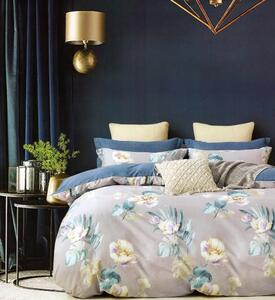 Sivo modré bavlnené posteľné obliečky s kvetmi Sivá