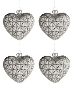 4ks vianočný béžovo-šedá sklenená ozdoba srdce - 9 cm