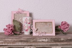 Ružovo-zlatý fotorámček vo vintage štýle s vtáčikom a ružami - 20 * 3 * 14 cm / 15 * 10 cm
