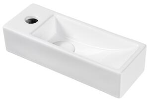 Umývadlo na dosku biele keramické 380 x 140 mm lesklé obdĺžnikové s odtokovou zátkou klik-klak ľavostranné moderný štýl kúpeľňa