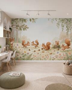 Tapety Jesenný les s chumáčkovitými červenými veverkami, žaludmi a jemnými poľnými kvetmi v akvarelovom štýle, Jedinečné tapety, w10102 : Uwalls.sk