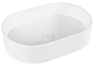 Umývadlo na dosku biele keramické 500 x 330 mm matné oválne s odtokovou zátkou klik-klak moderný štýl kúpeľňa