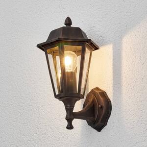 Lindby Vonkajšie nástenné svietidlo Lamina, pätica hore, lucerna, E27, Hnedá / hrdzavá, Hliník, Starožitný, Nástenné svietidlo
