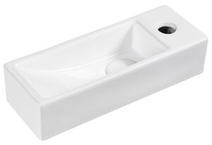 Umývadlo na dosku biele keramické 380 x 140 mm lesklé obdĺžnikové s odtokovou zátkou klik-klak pravostranné moderný štýl kúpeľňa