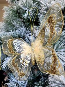 Zlatá trblietavá ozdoba motýľ s flitrami a korálkami na klip - 25 * 15 cm