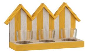 Drevený svietnik žlto biele plážové domčeky s tromi sklenenými miskami na čajovú sviečku - 25,5 * 8,5 * 15 cm