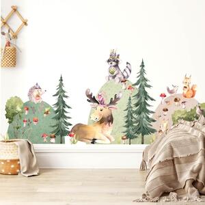 INSPIO-textilná prelepiteľná nálepka - Detské samolepky na stenu - Nálepka zvieratká v lese s kopcami a stromami