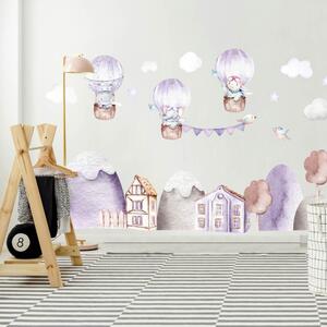 INSPIO-textilná prelepiteľná nálepka - Nálepky na stenu pre deti - Fialové kopce so zvieratkami