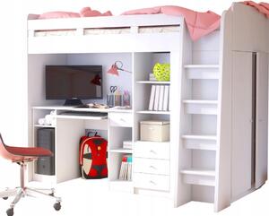Detská poschodová posteľ so stolíkom UNIT | biela/sivá