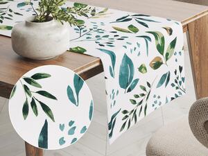 Biante Bavlnený behúň na stôl Sandra SA-434 Modro-zelené listy na bielom 45x140 cm