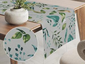 Biante Bavlnený behúň na stôl Sandra SA-430 Modro-zelené listy na sivom 20x120 cm