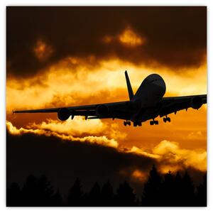 Pristávajúce lietadlo pri západe slnka - obraz (Obraz 30x30cm)