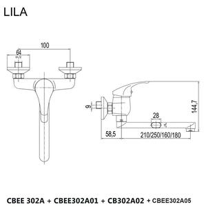 Mereo, Drezová nástenná batéria, Lila, s ramienkom plochým rovným, chróm, MER-CBEE302A05