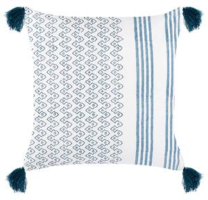 Dekoratívny vankúš biela a modrá bavlna 45 x 45 cm geometrický vzor bloková potlač strapce boho doplnky