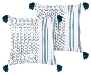 Súprava 2 dekoratívnych vankúšov biela a modrá bavlna 45 x 45 cm geometrický vzor bloková potlač strapce boho doplnky