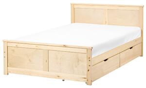 Drevená posteľ s 2 zásuvkami prírodné svetlé borovicové drevo MDF brezové drevo 120 x 200 cm rám postele s čelom
