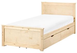 Drevená posteľ so 4 zásuvkami prírodné svetlé borovicové drevo MDF brezové drevo 90 x 200 cm rám postele s čelom