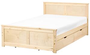 Drevená posteľ so 4 zásuvkami prírodné svetlé borovicové drevo MDF brezové drevo 120 x 200 cm rám postele s čelom