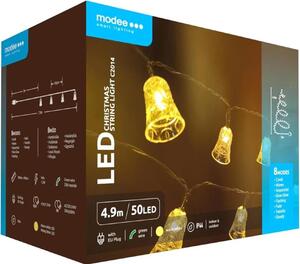 Modee Lighting LED vianočná reťaz 50 LED 4,9m zvončeky, teplá biela