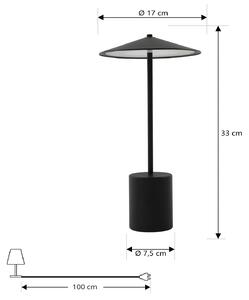 Lindby LED nabíjateľná stolová lampa Ayva, čierna, hliník, IP44