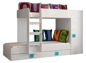 Detská kombinovaná posteľ 90 cm Toreno 2 (biela + biely lesk + tyrkysové lesklé madlá). Vlastná spoľahlivá doprava až k Vám domov. 1083317