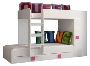 Detská kombinovaná posteľ 90 cm Toreno 2 (biela + biely lesk + ružové lesklé madlá). Vlastná spoľahlivá doprava až k Vám domov. 1083318