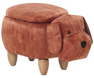 Hnedý zamatový puf pes, psík, drevené nohy, stolička s úložným priestorom pre deti