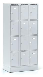 Šatníková skrinka S6 na sokli s úložnými boxami, 12 boxov, 1920 x 900 x 500 mm, cylindrický zámok, sivé dvere