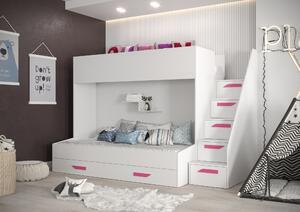 Detská kombinovaná posteľ 90 cm Puro 16 (matná biela + biely lesk + ružové úchytky). Vlastná spoľahlivá doprava až k Vám domov. 1087109