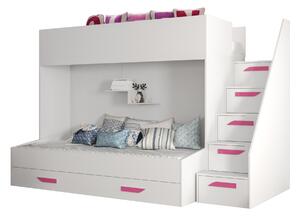 Detská kombinovaná posteľ 90 cm Puro 16 (matná biela + biely lesk + ružové úchytky). Vlastná spoľahlivá doprava až k Vám domov. 1087109