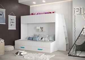 Detská kombinovaná posteľ 90 cm Puro 17 (matná biela + biely lesk + tyrkysové úchytky). Vlastná spoľahlivá doprava až k Vám domov. 1087117