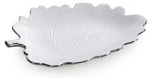 Dekorstudio Keramická dekoračná miska ALMA 26x18cm v tvare listu so strieborným okrajom - biela