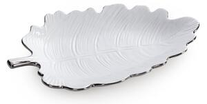 Dekorstudio Keramická dekoračná miska ALMA 30x14cm v tvare listu so strieborným okrajom - biela