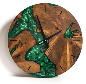 Nástenné hodiny - teakové drevo zelený epoxid - 30cm
