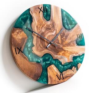 Nástenné hodiny - teakové drevo smaragd epoxid - 30cm