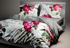 Ervi DELUXE Collection Saténové DUO obliečky - Ružové ruže a pivonky/sivé